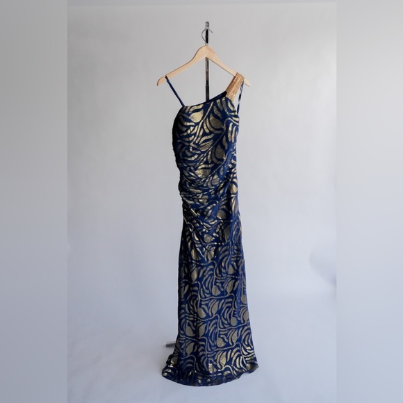 AIDON MATTOX One Shoulder Blue and Gold Dress​ - Picture 2 of 16